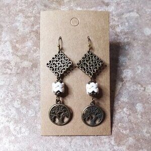 Last Pair: Bronze "Tree of Life" Howlite Dangle Earrings - Nature Lovers!!!